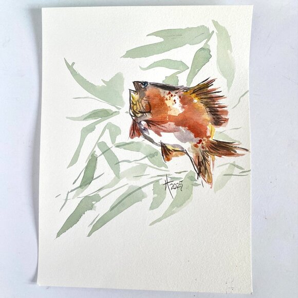 Crappie in Reeds Original Watercolor Wall Art Painting 11x14in Matted FrameReady - Picture 4 of 6